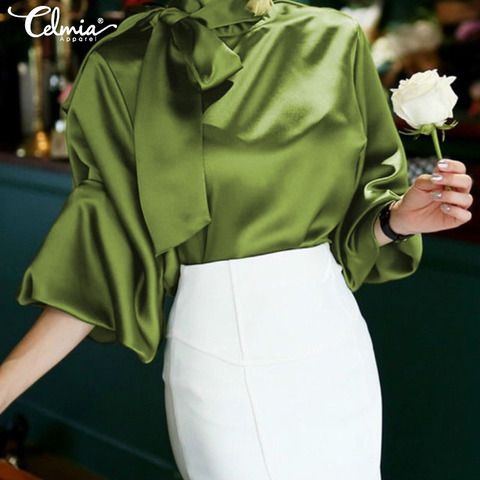 Celmia Plus Size Women Satin Blouse 2022 Fashion Tunic Top Elegant OL Bow Tie Neck Lantern Sleeve Office Shirt Casual Blusas 5XL ► Photo 1/6