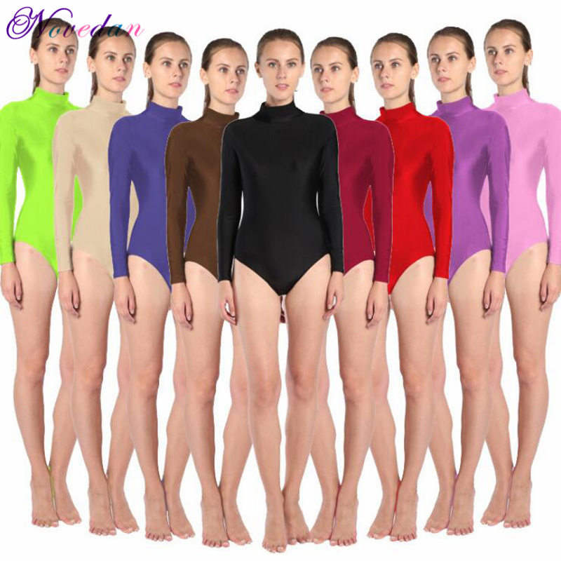 Freebily Women's Shiny Metallic Mock Neck Long Sleeve Unitard Gymnastics Dance Leotard Bodysuit