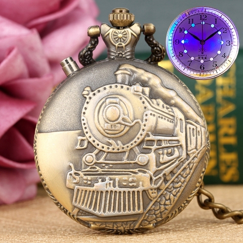 LED Flash Luminous Vintage Dial Quartz Pocket Watch Chain Bronze Carved Steam Train Steampunk Motor Railway Retro FOB Clock Hour ► Photo 1/6