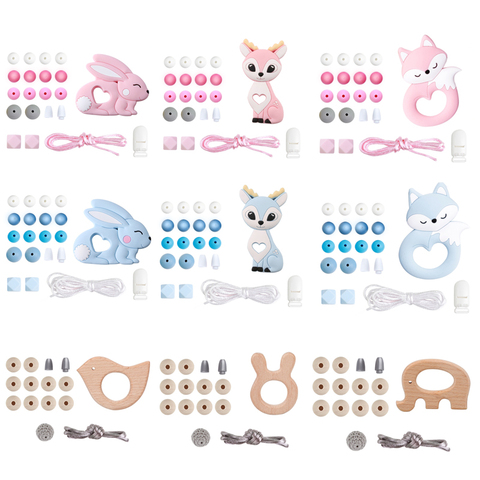 Silicone Beads Set Wooden Rodent Food Grade BPA Free Fox Rabbit DIY Accessories Set Pacifier Chain Clips Nylon Rope Let's Make ► Photo 1/6