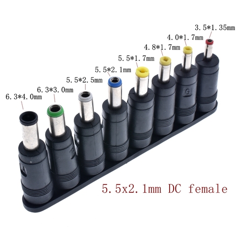 8pcs DC 5.5X 2.1 MM female jack plug adapter Connectors to 6.3 6.0 5.5 4.8 4.0 3.5mm 2.5 2.1 1.7 1.35mm Male Tips power adaptor ► Photo 1/6
