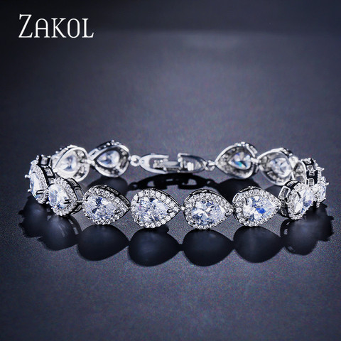 ZAKOL Fashion 3 Colors Elegant Water Drop Shape Cubic Zirconia Strand Bracelet Bangles For Women Bridal Wedding Jewelry FSBP099 ► Photo 1/6