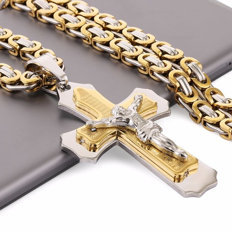 Multilayer Cross Christ Jesus Pendant Necklace Stainless Steel Link Byzantine Chain Heavy Men Jewelry Gift 21.65