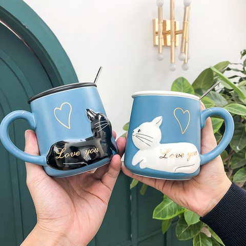 Cat Cups Couple Ceramic Mugs with lid spoon Married Couples Anniversary Morning Mug Milk Coffee Tea Breakfast Valentines Day ► Photo 1/6