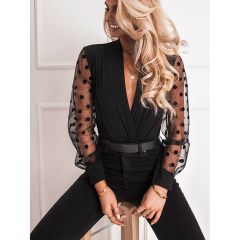 2022 women's blouse deep V-neck transparent polka dot mesh shirt Puff long sleeve top black shirt women's blouses party blouses ► Photo 1/6