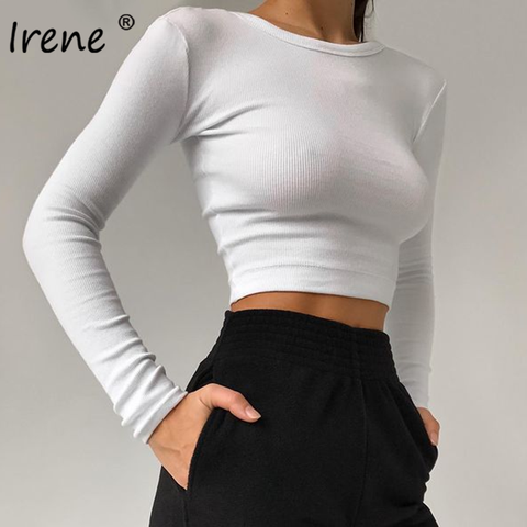 Irene O Neck Ribbed Long Sleeve Tees Shirt Sexy Cropped Women Tops 2022 Spring Black White Casual Skinny Basic Woman T Shirts ► Photo 1/6