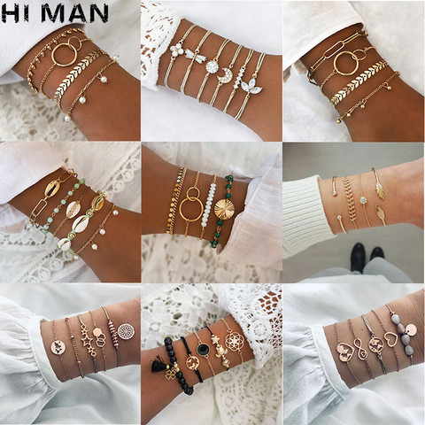 31 Styles Boho Mixed Leaves Letter Map Geometric Crystal Infinity  Pentagram Shell Multi-layer Chain Bracelet Women Wholesale ► Photo 1/6