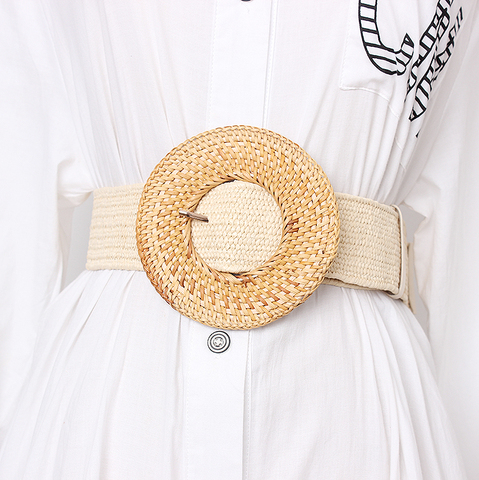 Wooden Buckle Dress Belt For Women Casual Female Braided Wide Strap Female Designer Woven Girls Elastic PP Straw Belts BZ339 ► Photo 1/5