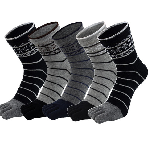 5 Pairs/lot High Quality Men's Five Fingers Crew Socks Cotton Breathable Casaul Sports Mid Calf Toe Socks Knitted Print Hosiery ► Photo 1/6