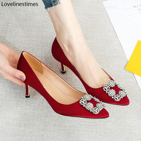 Red High Heels Shoes Woman Basic Pumps 2022 Red Satin Cloth Shiny Diamond Buckle Shallow Work Shoe Fashion Sexy Women Shoes Pump ► Photo 1/6