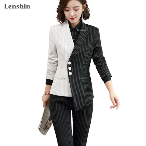 Lenshin 2 Piece Set Asymmetric Black and White Striped Pant Suit Blazer Office Lady Designs Women Business Jacket and Trouser ► Photo 1/6