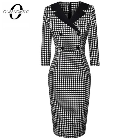 Vintage Classic Houndstooth Charming  Fashion Chic Button V Neck Pencil Dress EB570 ► Photo 1/6