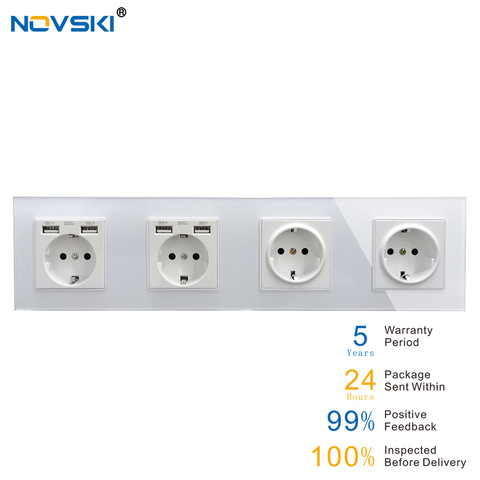 EU German USB 3 Outlet 4 Gang Wall Power Socket Crystal Glass Panel Grounded, 16A Electrical Socket White, 5 Years Warranty ► Photo 1/6