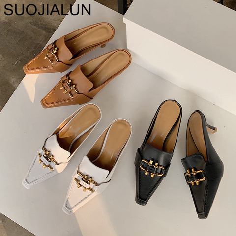 SUOJIALUN 2022 Summer Fashion Brand Mules Slipper Med Heel Outsides Ladies Slides Pointed Toe Slip On Luxury Beach Mules Shoes ► Photo 1/6