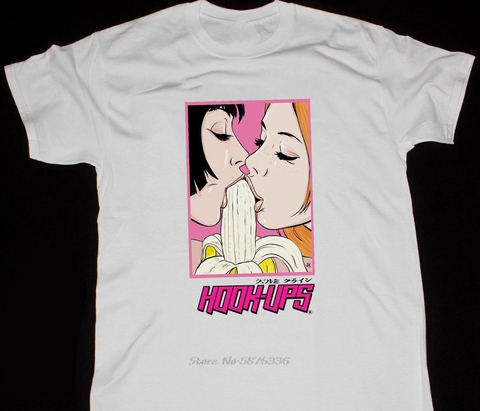 Vintage 90'S Hook Ups Style 2 Girls Eat Banana Anime Hentai T Shirt Reprint Usa! Hipster TShirt men o-neck t shirt funny tees ► Photo 1/2