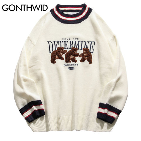 GONTHWID Bear Patchwork Striped Knitted Jumpers Sweaters Streetwear Hip Hop Harajuku Casual Pullover knitwear Mens Fashion Tops ► Photo 1/6