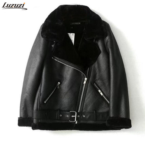 Luzuzi Winter Motorcycle Coat Women Thicken Faux Leather Fur Coat Women Fur Lining Leather Jacket Aviator Jacket casaco feminino ► Photo 1/6