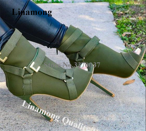 New Design Women Fashion Peep Toe Suede Leather Stiletto Heel Short Boots Buckles Strap Black Army Green High Heel Ankle Booties ► Photo 1/6