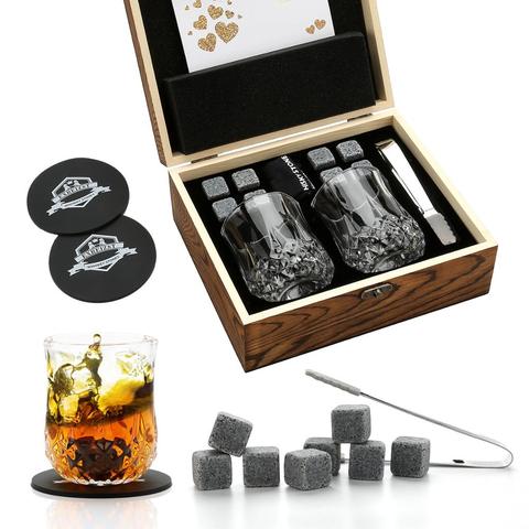 Whiskey Stones and Whiskey Glass Gift Box Set - 8 Granite Chilling Whisky Rocks + 2 Glasses in Wooden Box - Best Gift for Men Fa ► Photo 1/6