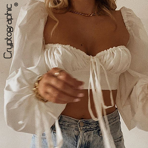 Cryptographic White Balloon Sleeve Elegant Women Top and Blouse Shirts Autumn 2022 Sexy Backless Crop Tops Solid Fashion Blusas ► Photo 1/6
