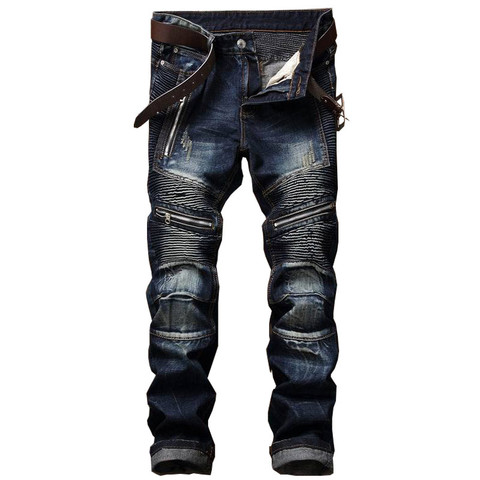 MORUANCLE Men's Pleated Biker Jeans Pants Slim Fit Brand Designer Motocycle Denim Trousers For Male Straight Washed Multi Zipper ► Photo 1/4