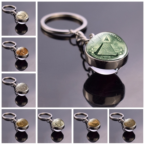 All Seeing Eye Key Chain Illuminati Dollar Bill Jewelry Pyramid  Double Sided Glass Ball Keychain Coin Keys Fashion Accessories ► Photo 1/6