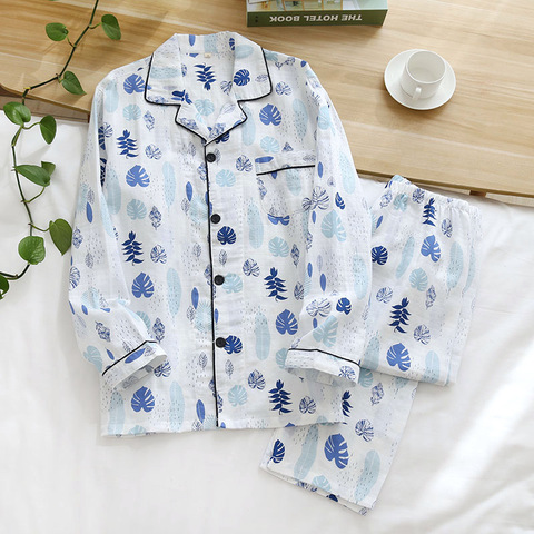 New Gauze Couple Leaf Pajamas Double-layer Cotton Yarn Pajama Set Simple Long-sleeved Trousers Sleepwear Two-piece Home Clothing ► Photo 1/6