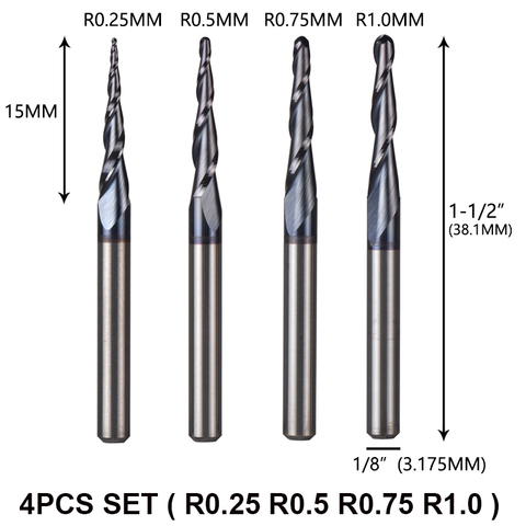 4pcs/Lot Tungsten Solid Carbide Inch Size 3.175mm Ball Nose Tapered End Mill Router Bits CNC Taper Wood Metal Milling Cutter ► Photo 1/6