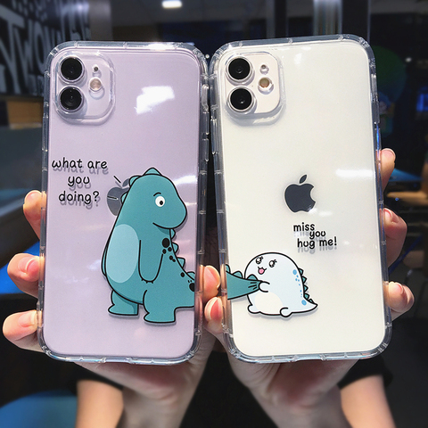 Cute Cartoon Animal Dinosaur Couple Phone Case For iPhone 11 Pro Max X XS XR 7 8 plus 12 Mini Transparent Soft Shockproof Cover ► Photo 1/6