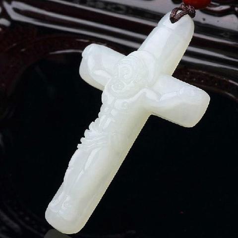 Natural White Hand Carved Cross Jade Pendant Fashion Jewelry Men's and Women's Jesus Necklace ► Photo 1/6