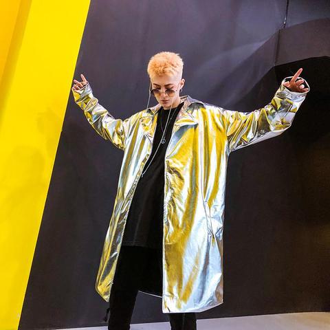 Performance Long Trench Coat Men Shiny Night Club Stage Dance Men Cloak Cape Coat Long Sleeve Capote Masculino Gold Silver XXL ► Photo 1/6