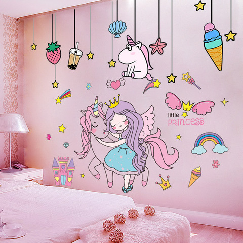 [shijuekongjian] Cartoon Girl Wall Stickers DIY Unicorn Animal Stars Wall Decals for Kids Bedroom Baby Room House Decoration ► Photo 1/5