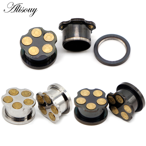 Alisouy 2PCS 6-16mm Stainless Steel Ear Tunnels Plugs Black Silver Color Expander Stretcher Ear Gauges Piercing Body Jewelry ► Photo 1/6