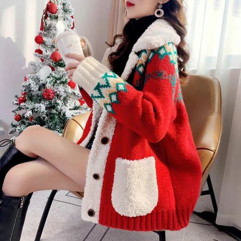 Woman Sweaters Christmas Red Sweater Cardigan Women Thickened Autumn Winter 2022 Loose Knitted Coat  Femme Chandails Pull Hiver ► Photo 1/6