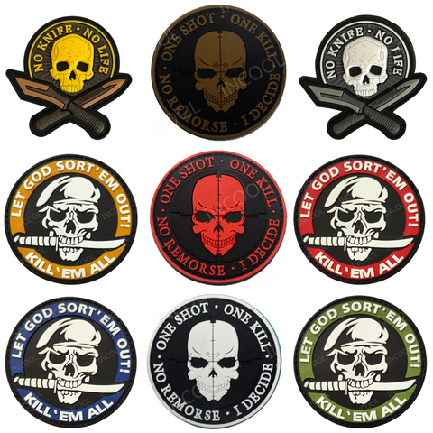 Skull Rubber Patches No Knife No Life Tactical Military Decorative Patch One Shot One Kill Combat PVC Badges For Cap Bags ► Photo 1/6