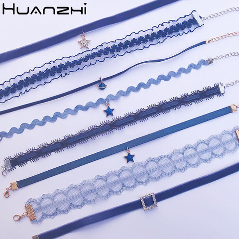 HUANZHI 2022 New Japanese Sweet Blue Lace Velvet Planet Pendant Clavicle Chain Choker Necklace for Women Vacation Jewelry ► Photo 1/6