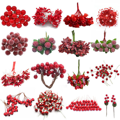 Cheap Red Gold Mixed Hybrid Flower Cherry Stamens Berries Bundle DIY Cake Christmas Wedding Gift Box Wreaths Craft Decoration ► Photo 1/6