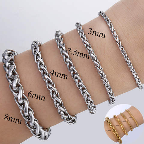 3 4 6 8 10 mm Mens Stainless Steel Bracelet Link Chain Wheat Braided Link Gold Silver Color  Bracelet Wholesale Dropship LKB499 ► Photo 1/6