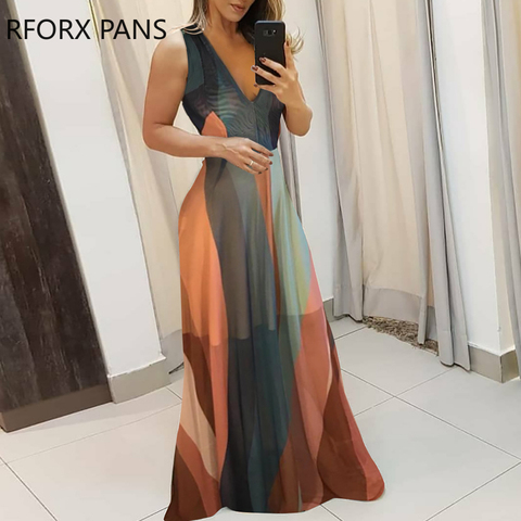 Women V-Neck Striped Colorblock Spaghetti Strap Maxi Dress  Summer Dress Elegant Dress ► Photo 1/4