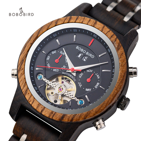 BOBO BIRD Men Watch Mechanical Wristwatches Date Display Luxury Black Wooden Watches relogio masculino-Wood Watch Boxes C-Q27 ► Photo 1/6