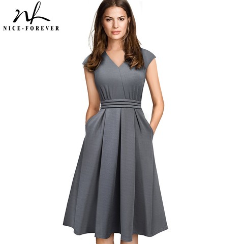 Nice-forever Brief Elegant Solid Color Sleeveless vestidos with Pocket A-Line Women Flare Dress A196 ► Photo 1/6