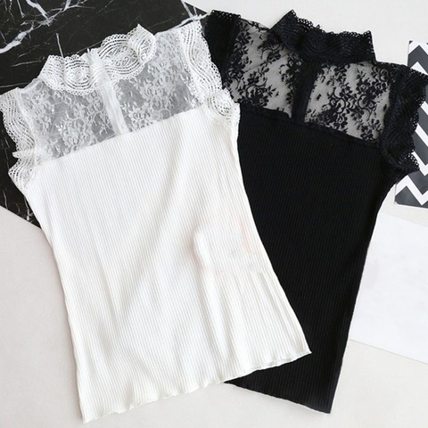 Fashion Streetwear Women Hollow Out Lace Tops Black and White Color Sleeveless Ice Silk Knitted Camisole Tops ► Photo 1/6