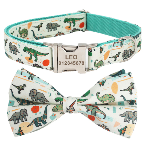 dinosaur dog collar and leash set with bow tie for big and small dog cotton fabric collar rose gold metal buckle ► Photo 1/6