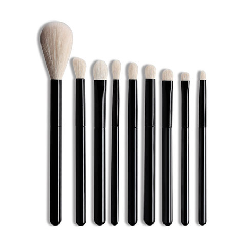 OVW 9pcs White Goat Hair Makeup Eye Shadow Blending Brushes Set Highlight Blusher Black Handle Portable Travel Crease Shader ► Photo 1/6