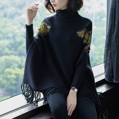 Black Lazy Wind Loose Turtleneck Sweater Poncho Female Bat Sleeve Fringed Knitted Sweater Poncho Pullover Women Spring Autumn ► Photo 1/6