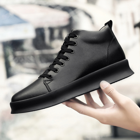 High quality all Black Men's leather casual shoes Increase Simple Pure Black Sneakers Fashion Breathable Sneakers fashion flats ► Photo 1/6