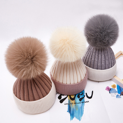 winter kid Boy thick warm Rabbit fur knitted beanies Cap Girl Lady women Child Patchwork fox fur pom pom knitted skullies hat ► Photo 1/6