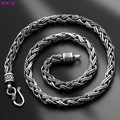 BOCAI S925 Sterling Silver Necklace Personality Thai Silver Hand Woven 7mm 4mm Neck Chain Popular Pure Argentum Jewelry ► Photo 1/6