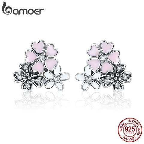 BAMOER 100% 925 Sterling Silver Pink Daisy Cherry Blossoms Flower Stud Earrings for Women Sterling Silver Jewelry Gift SCE400 ► Photo 1/6