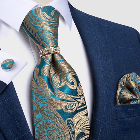 Details about  / Men Tie Gold Blue Paisley Wedding Tie For Men Hanky Cufflinks Silk Men Tie Set